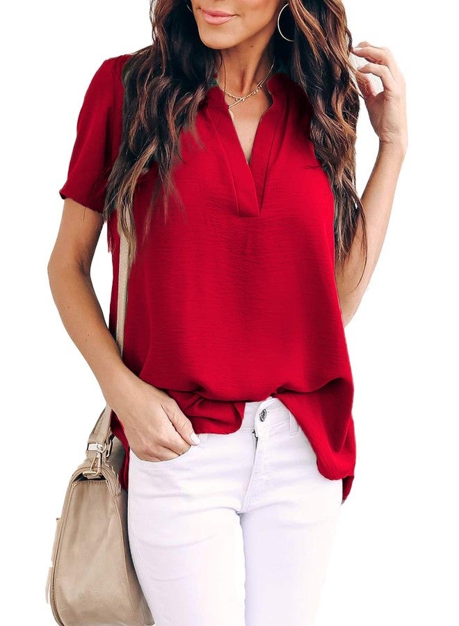 Allimy Women Summer Dressy Casual 2026 Short Sleeve Blouses and Tops Trendy Tunics Medium Red - Image 1